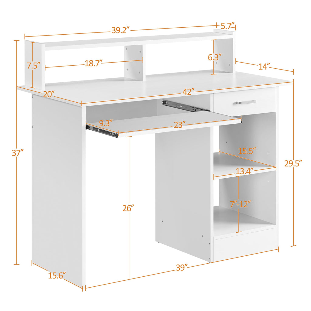 White Computer Desk with Keyboard Tray, Drawers, and Shelves W50329