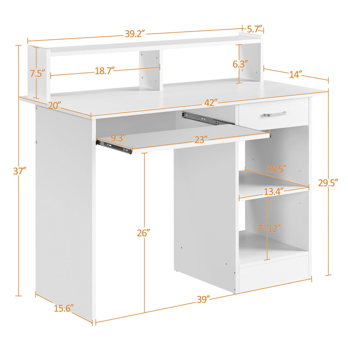 White Computer Desk with Keyboard Tray, Drawers, and Shelves W50329
