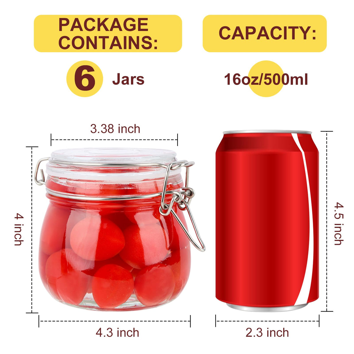 16oz Glass Jars with Airtight Lids, 6 Pack K949