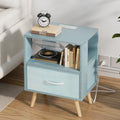 Blue Nightstand with Charging Station, 2-Tier Wooden Bedside Table O940518