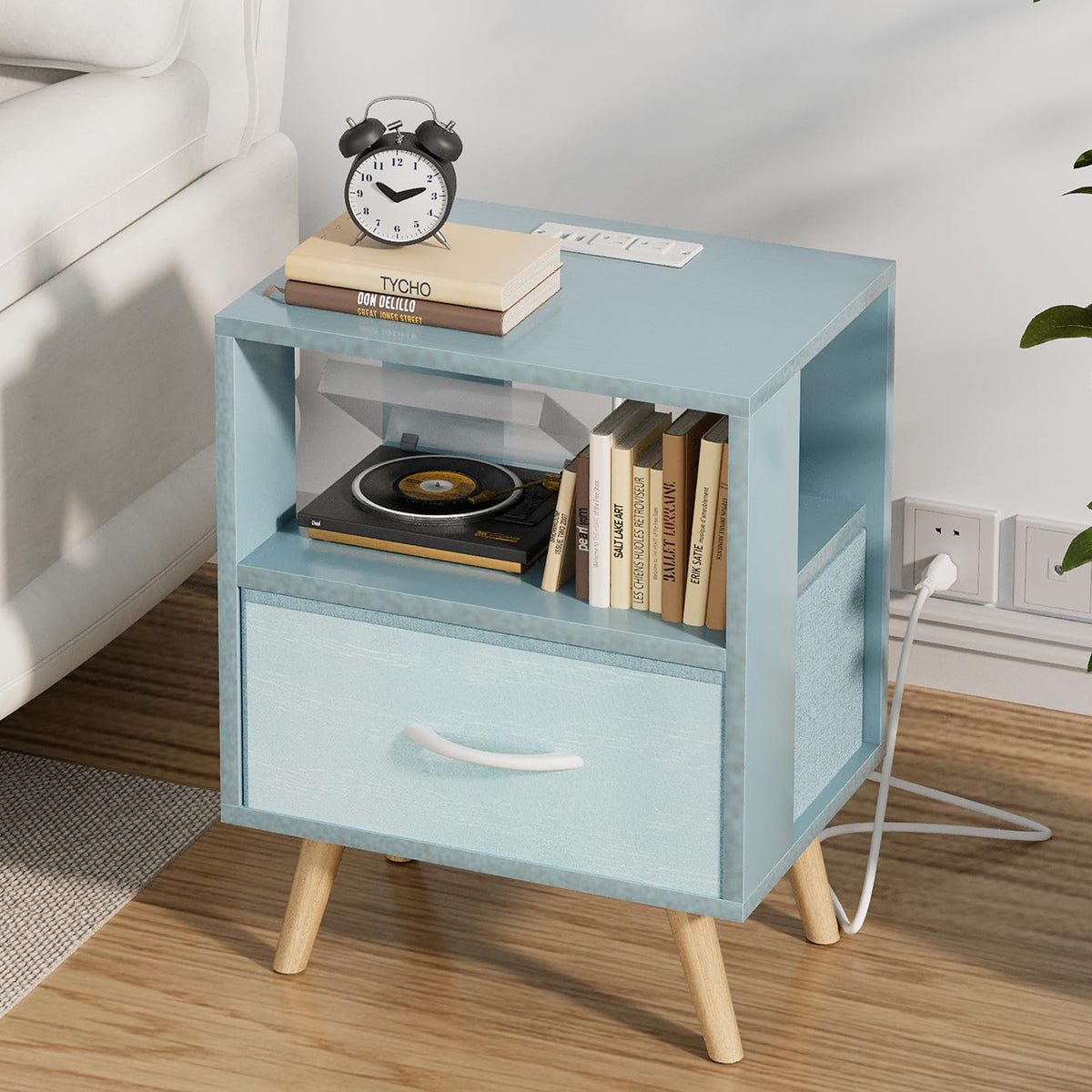 Blue Nightstand with Charging Station, 2-Tier Wooden Bedside Table O940518