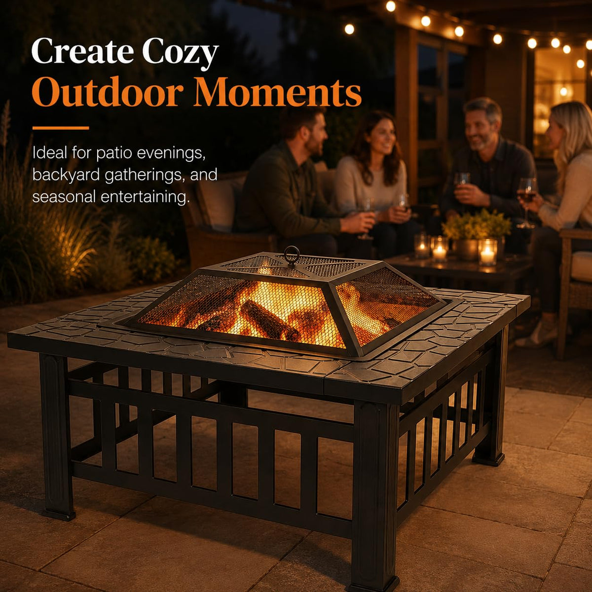 32 Inch Square Metal Wood Burning Fire Pit with Spark Screen and Poker Z2548