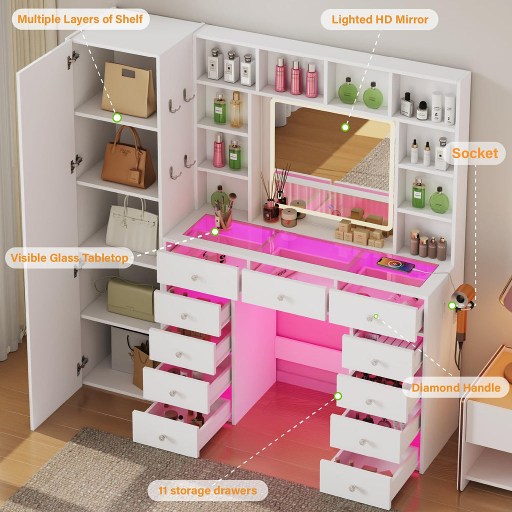 Vanity Desk with LED Mirror, 11 Drawers E138