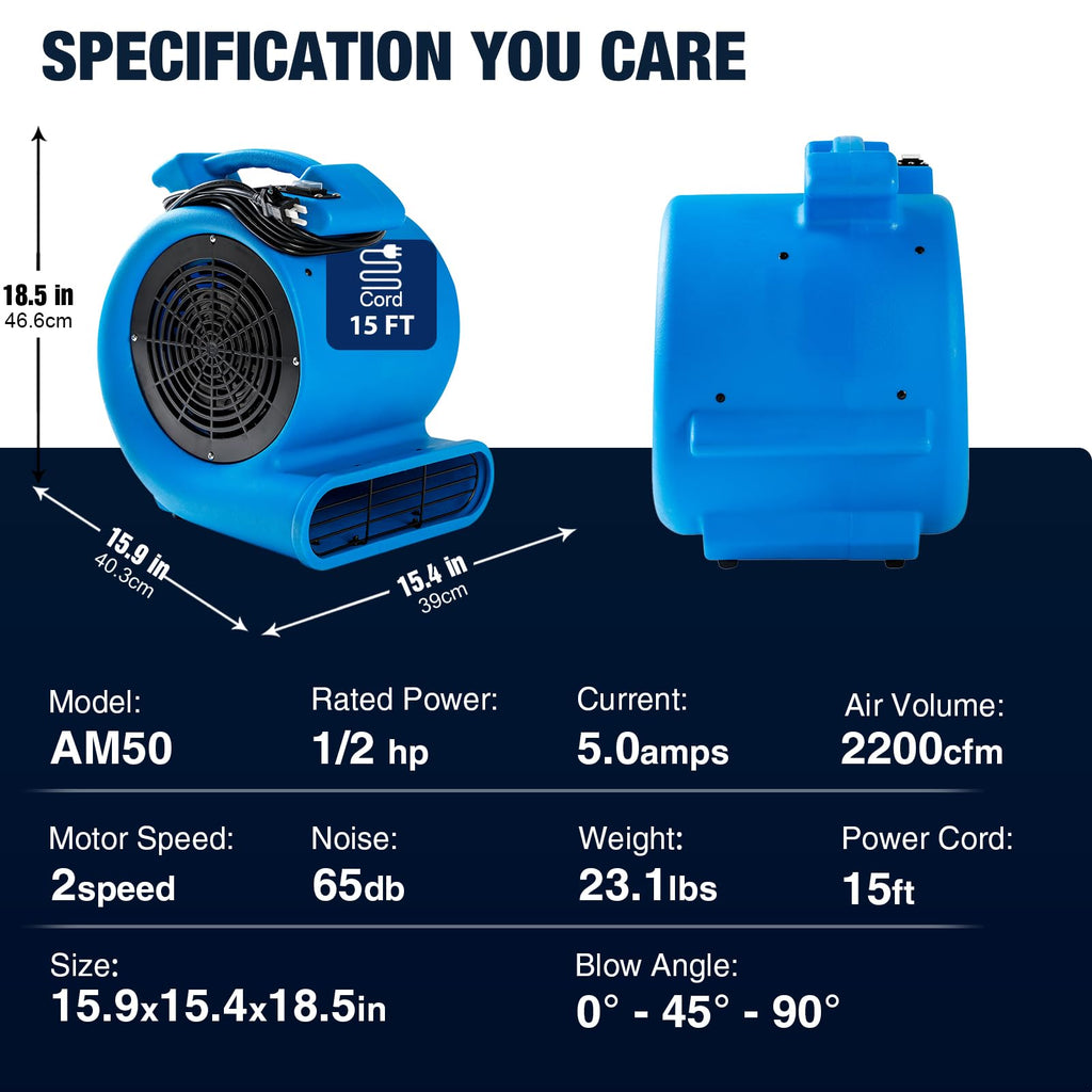 2200 CFM 1/2 HP Commercial Air Mover Floor Drying Fan G3397