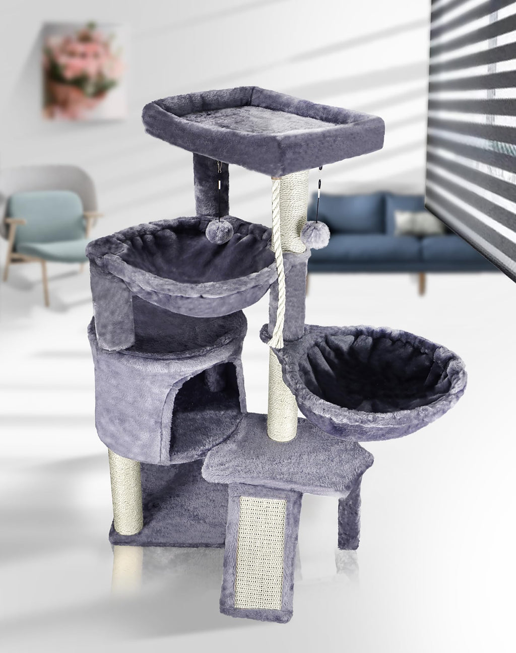 Grey Three Layer Cat Tree with Condo and Hammocks F946