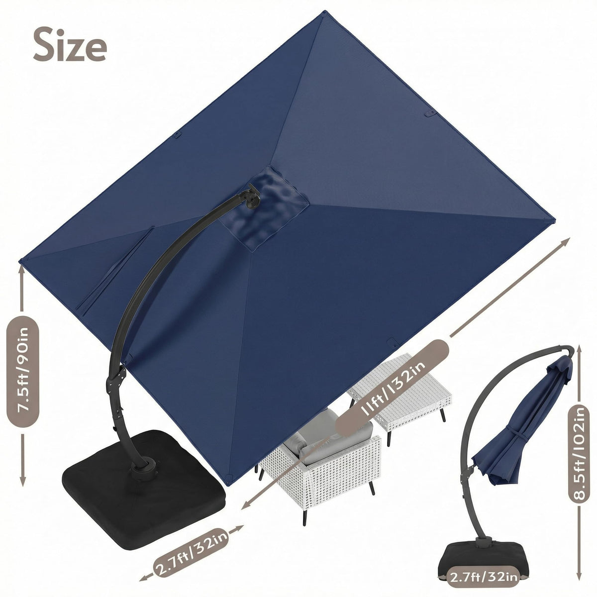 11x11ft Solar Powered Led Cantilever Umbrella with Base J9512