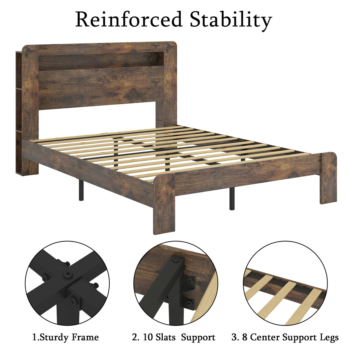 Full Size Dark Brown Wood Platform Bed Frame with Storage A561562