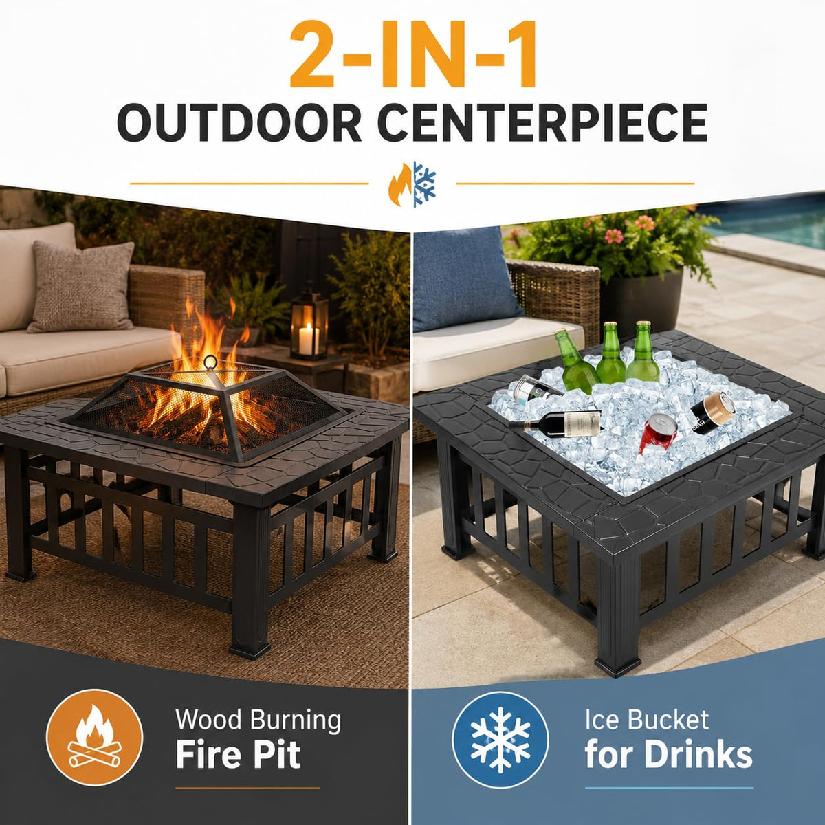 32 Inch Square Metal Wood Burning Fire Pit with Spark Screen and Poker Z2548