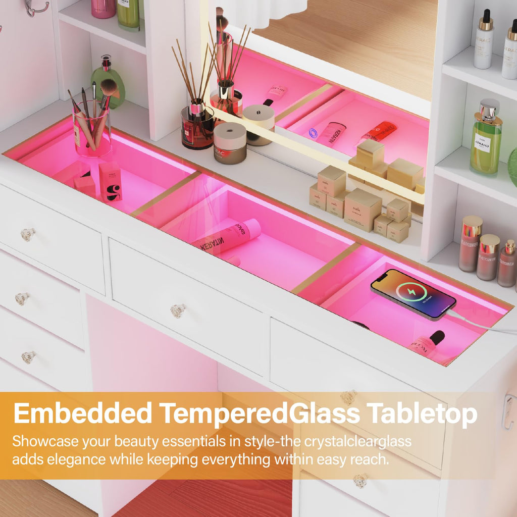 Vanity Desk with LED Mirror, 11 Drawers E138