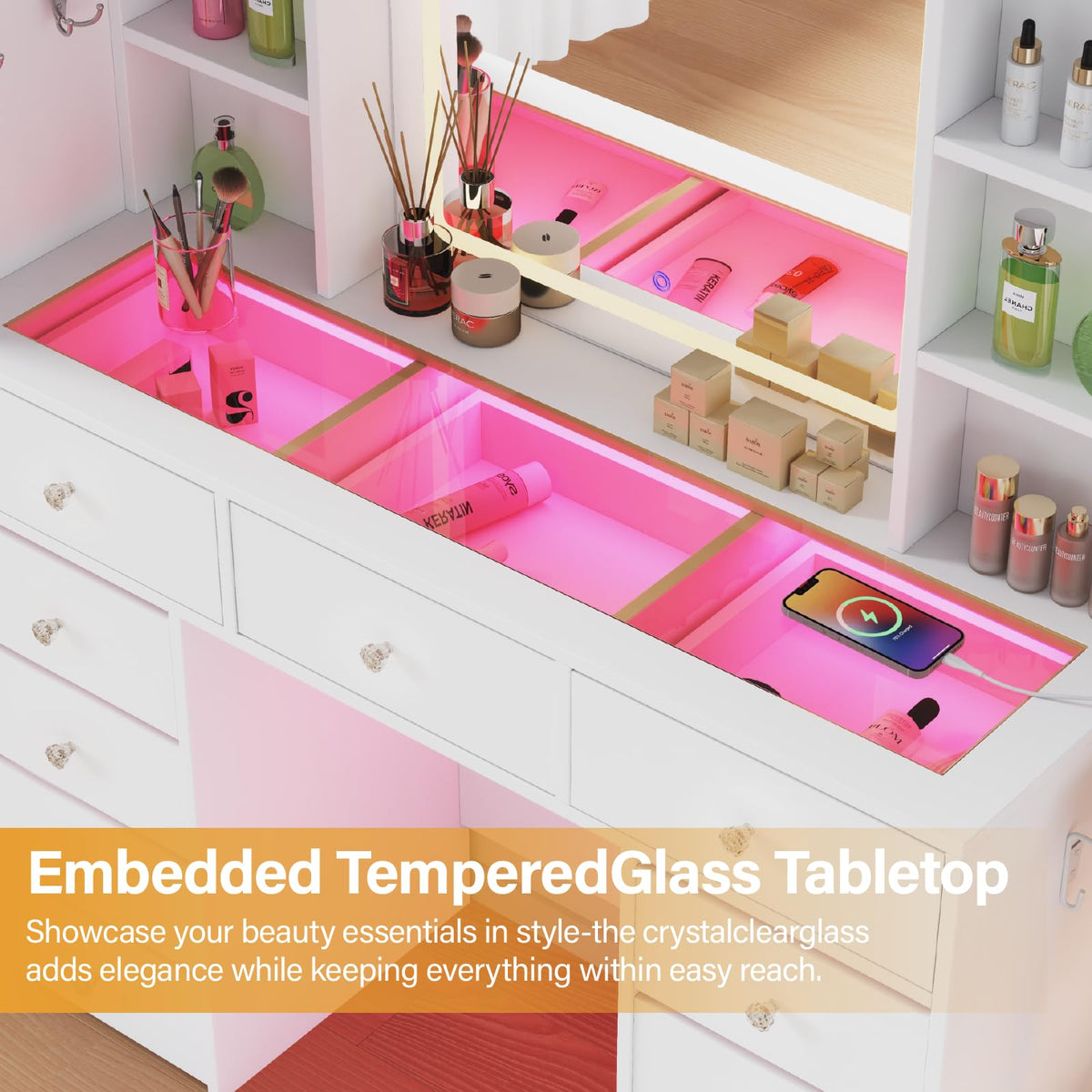 Vanity Desk with LED Mirror, 11 Drawers E138