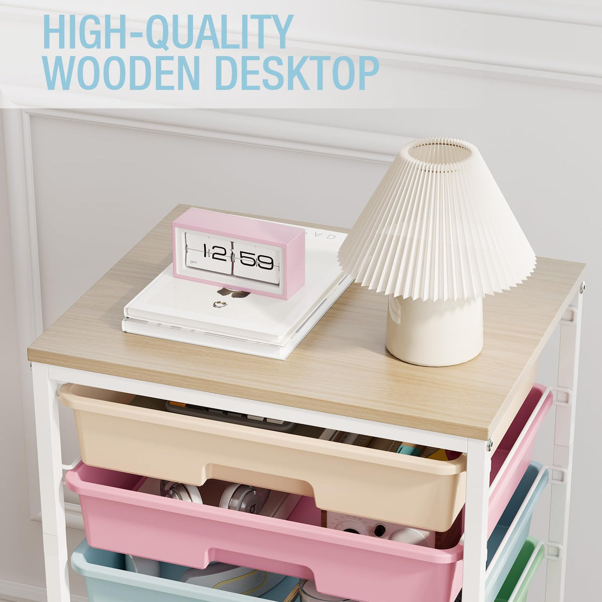 Rolling Storage Cart with 8 Drawers and Wooden Tabletop U403
