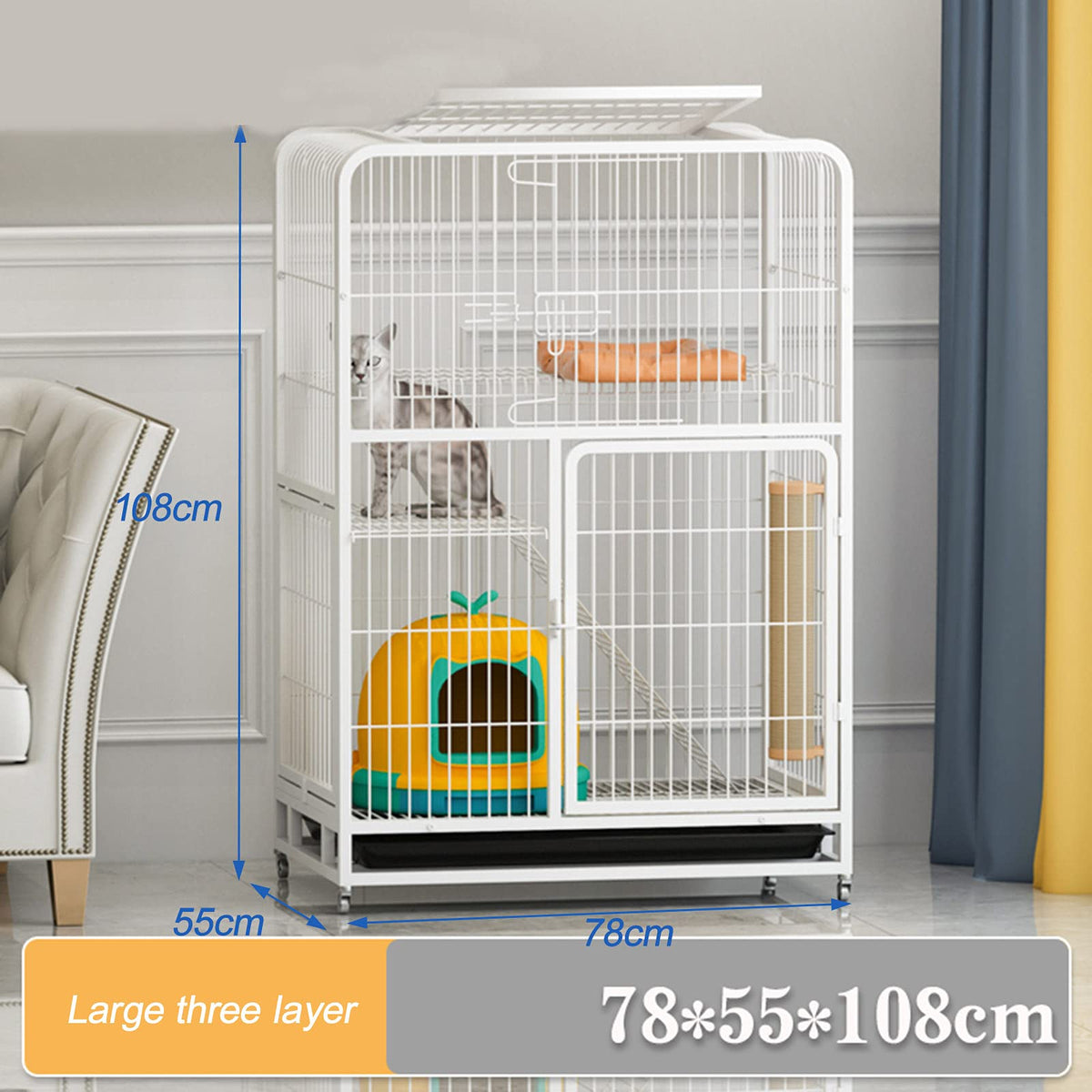 Large 3-Tier Metal Wire Cat Cage with Hammock and Casters A515