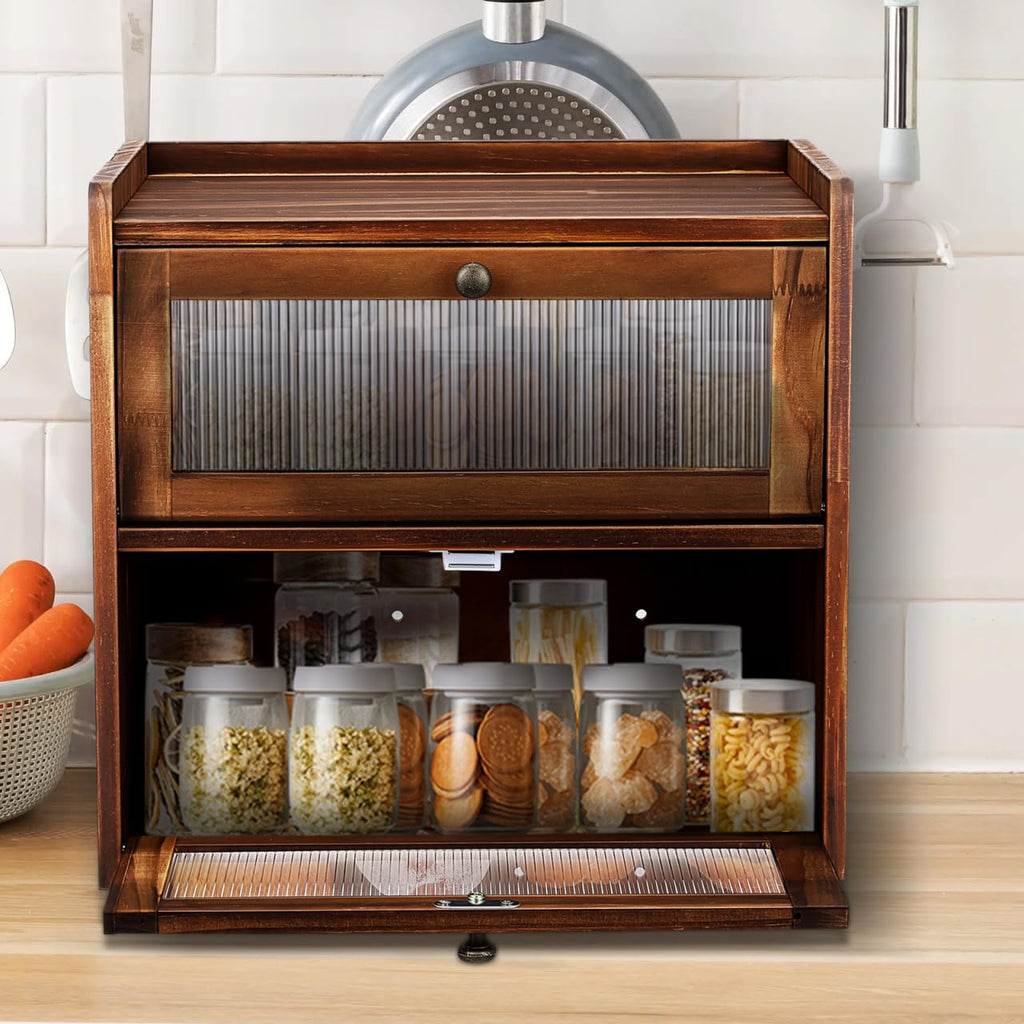 Wooden Bread Box 2 Tier Countertop Storage Organizer I8065