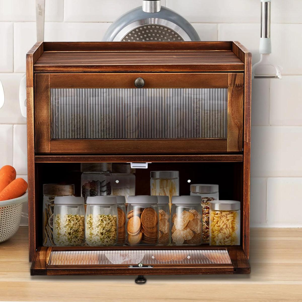 Wooden Bread Box 2 Tier Countertop Storage Organizer I8065