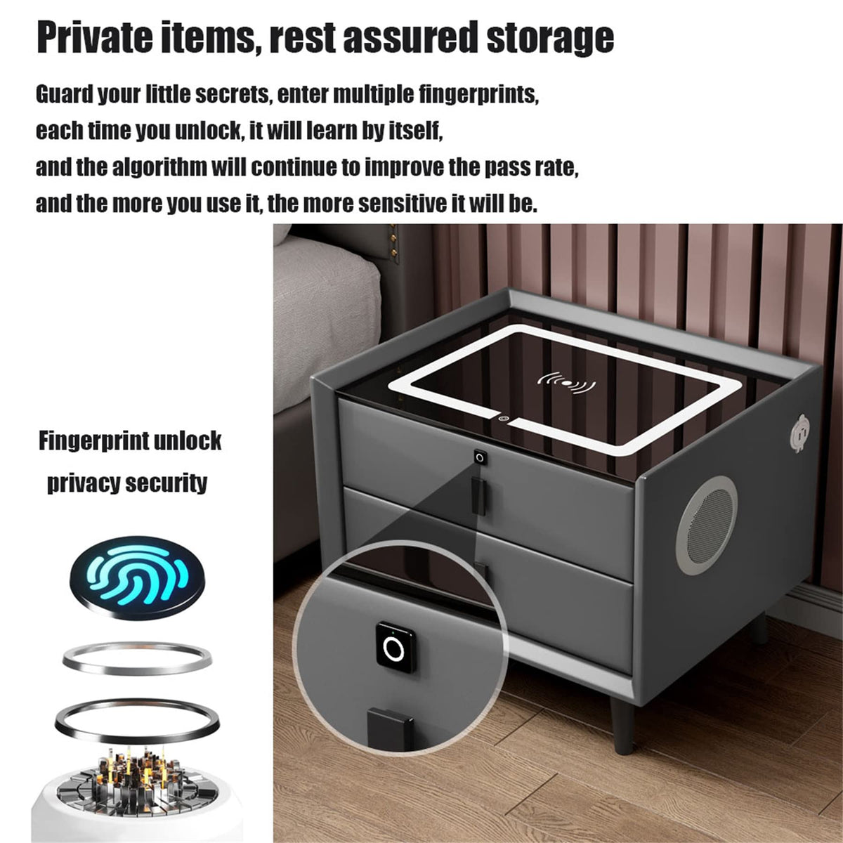 LED Nightstand with Bluetooth Speaker, Wireless Charging, 3 Colors LED Lights, USB & Type-C Port, 2/3 Drawers, Fingerprint Lock K481556
