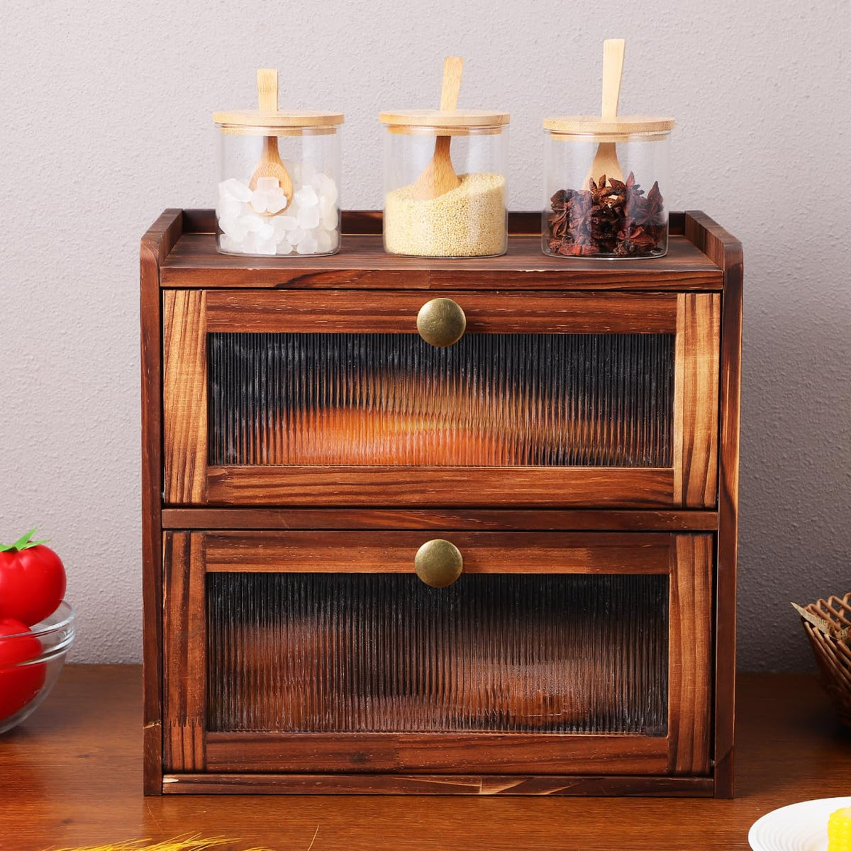 Wooden Bread Box 2 Tier Countertop Storage Organizer I8065