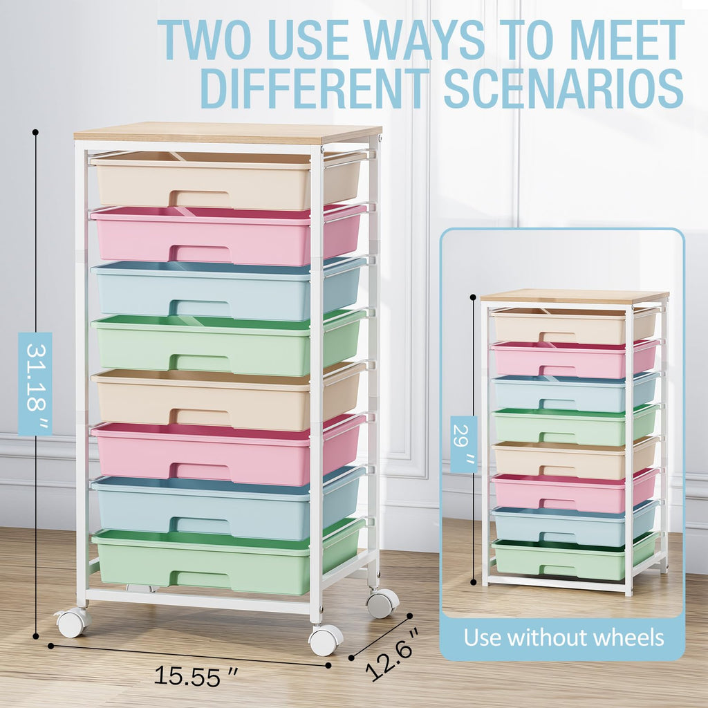 Rolling Storage Cart with 8 Drawers and Wooden Tabletop U403