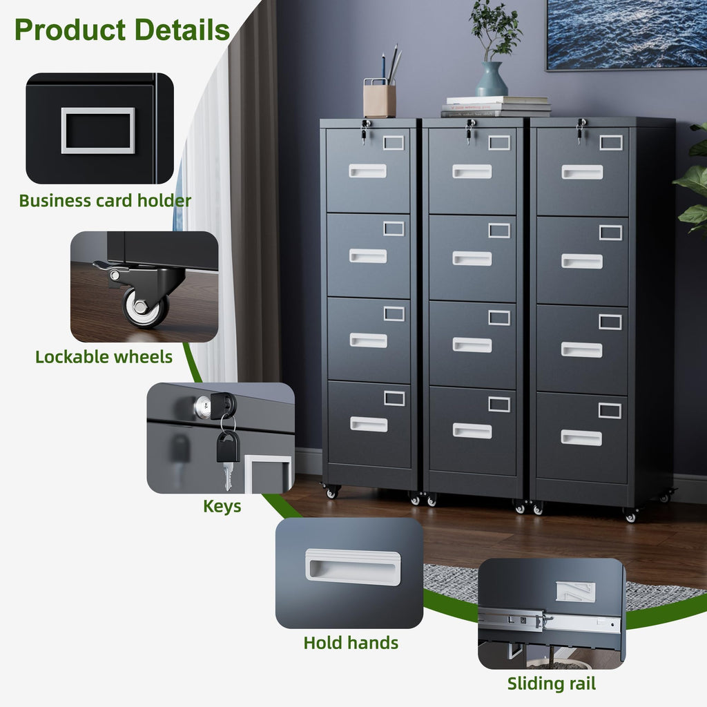 4 Drawer Black Metal File Cabinet with Lock and Wheels G620655