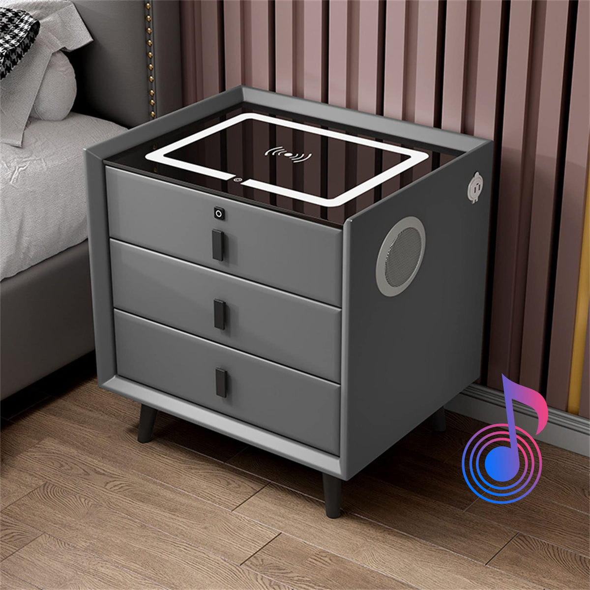 LED Nightstand with Bluetooth Speaker, Wireless Charging, 3 Colors LED Lights, USB & Type-C Port, 2/3 Drawers, Fingerprint Lock K481556