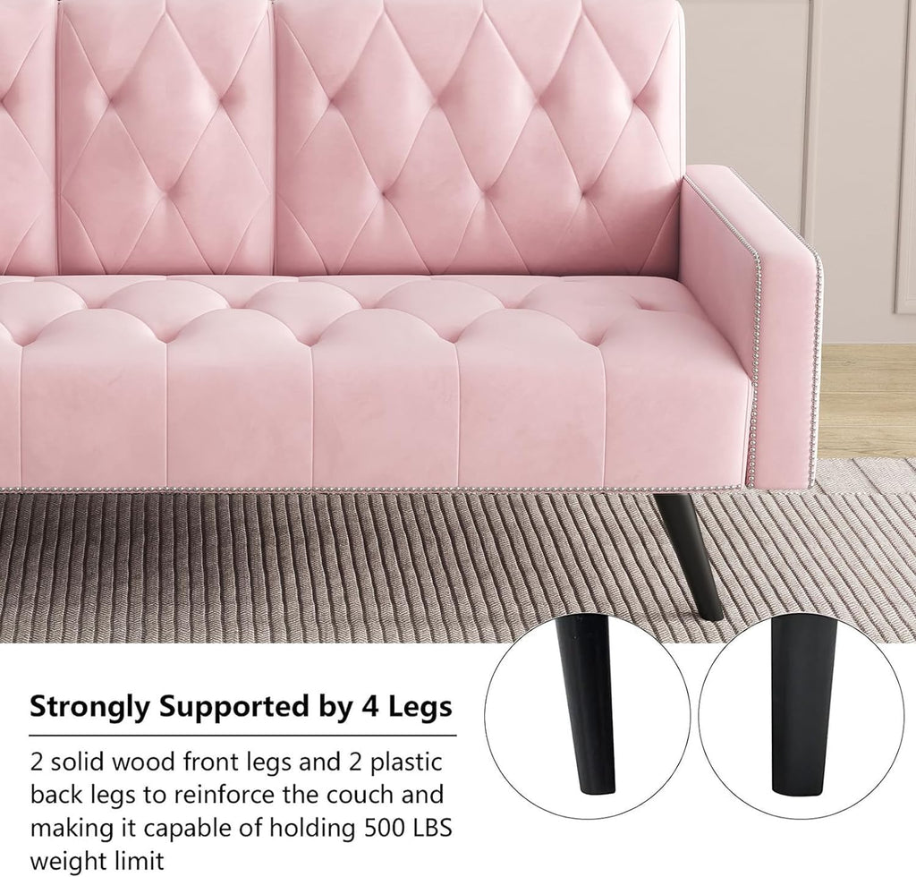 Pink Velvet Futon Couch Bed with Cup Holder T7158