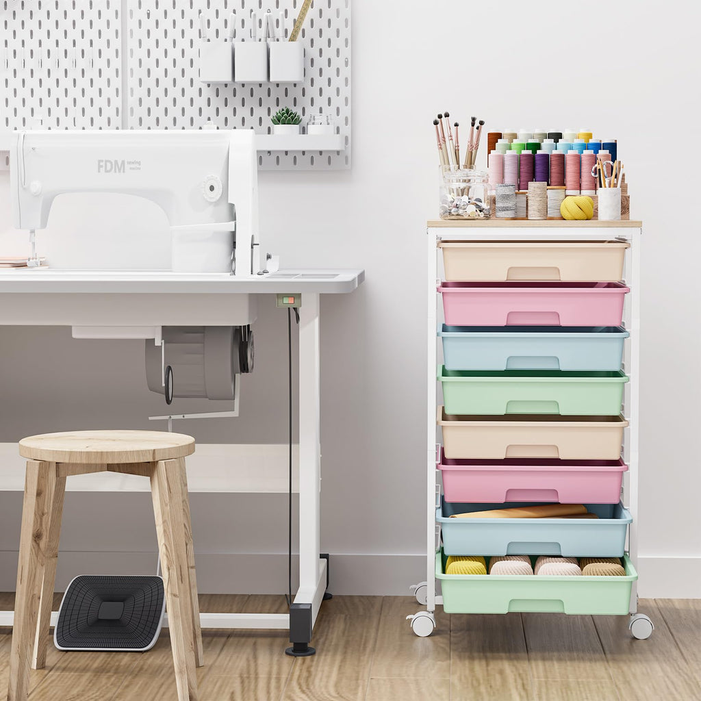 Rolling Storage Cart with 8 Drawers and Wooden Tabletop U403