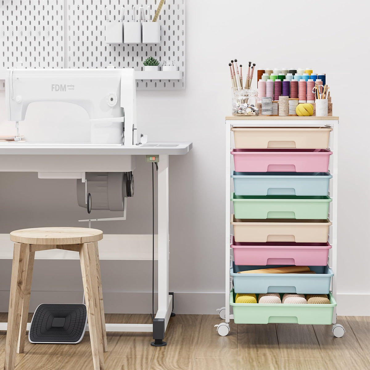Rolling Storage Cart with 8 Drawers and Wooden Tabletop U403