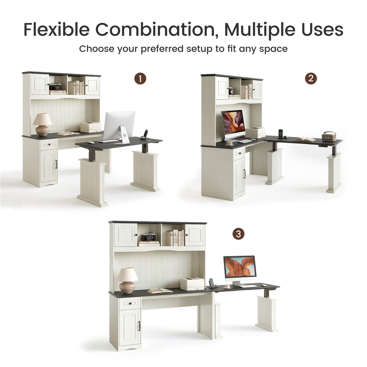 L Shaped Electric Standing Desk with Hutch and Drawers L6768