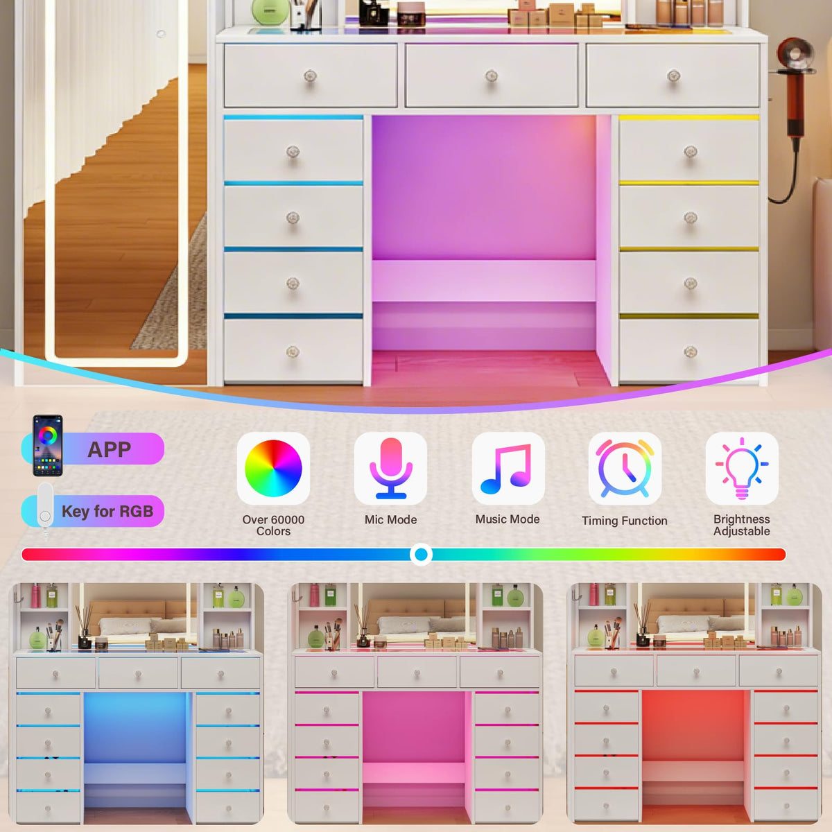 Vanity Desk with LED Mirror, 11 Drawers E138