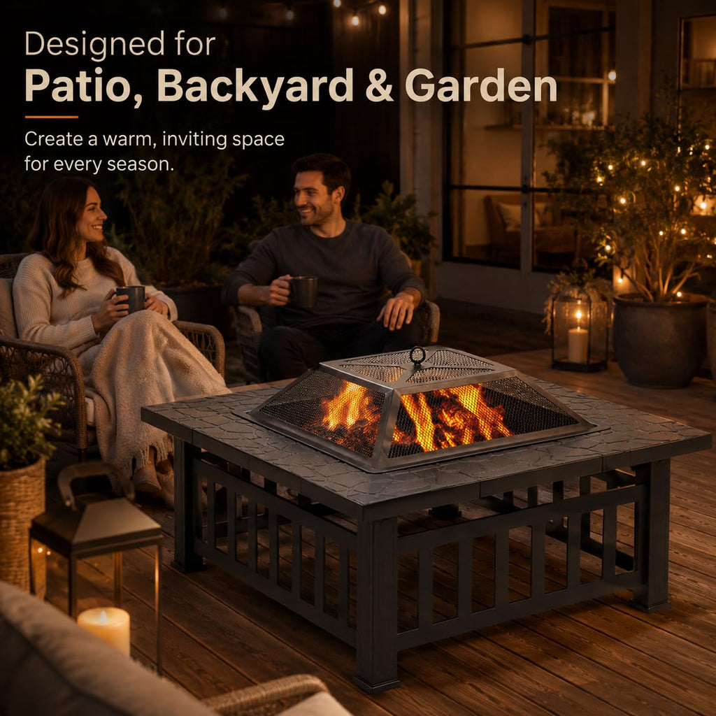 32 Inch Square Metal Wood Burning Fire Pit with Spark Screen and Poker Z2548