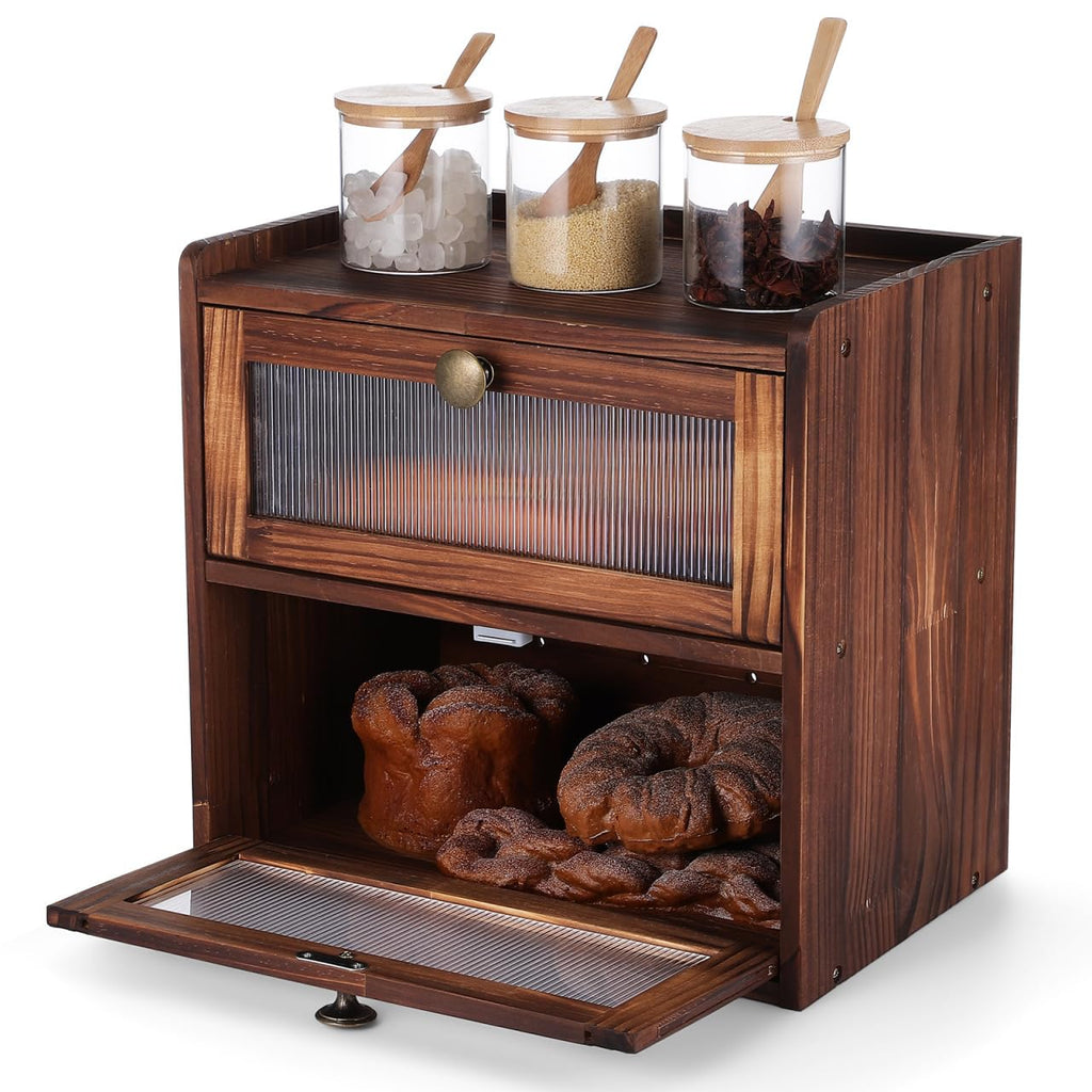 Wooden Bread Box 2 Tier Countertop Storage Organizer I8065