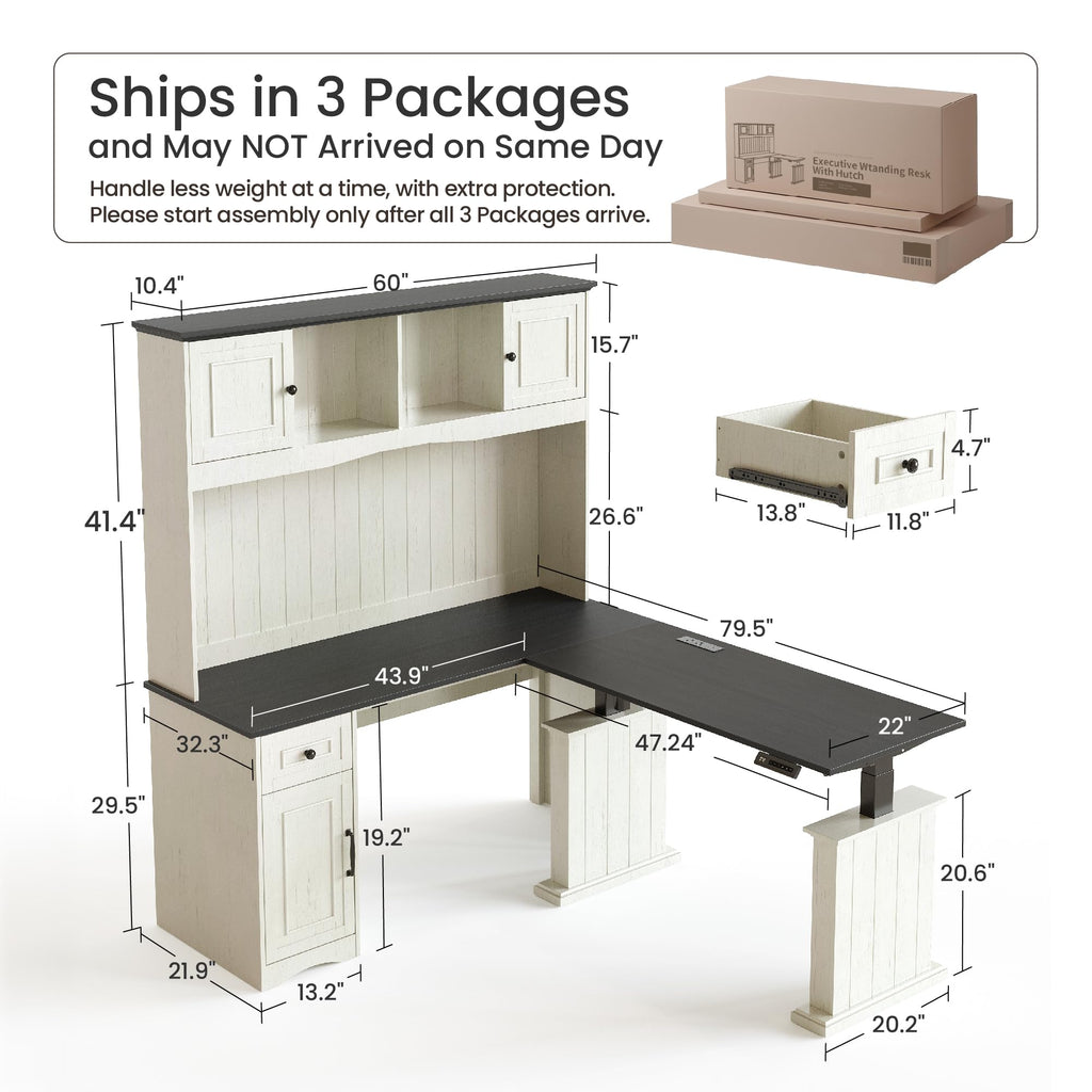 L Shaped Electric Standing Desk with Hutch and Drawers L6768