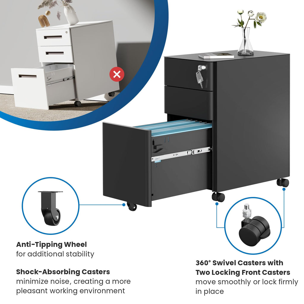 Black 3 Drawer Rolling File Cabinet with Lock V977460