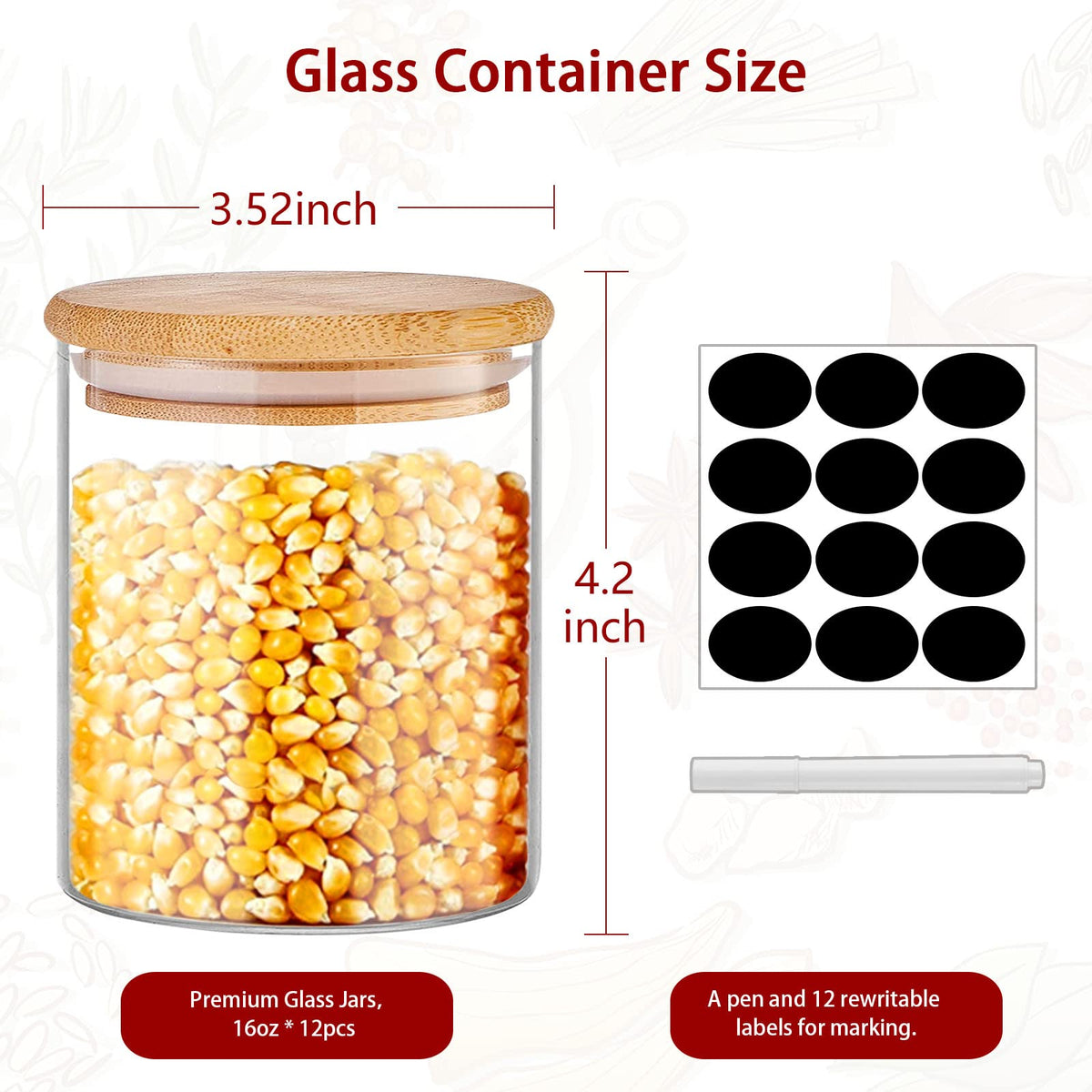 16 oz Glass Food Storage Jars with Bamboo Lids T160532