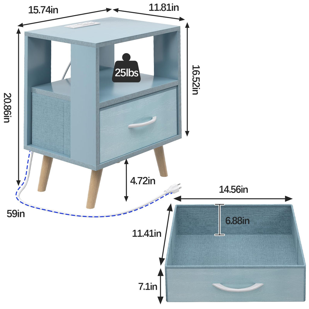 Blue Nightstand with Charging Station, 2-Tier Wooden Bedside Table O940518