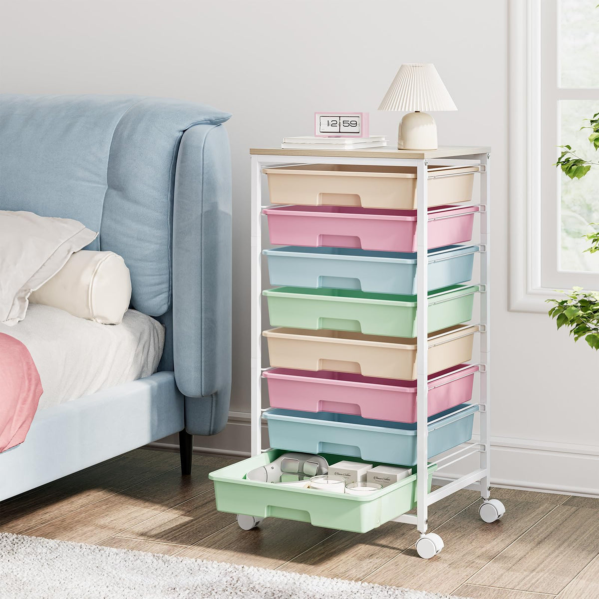 Rolling Storage Cart with 8 Drawers and Wooden Tabletop U403