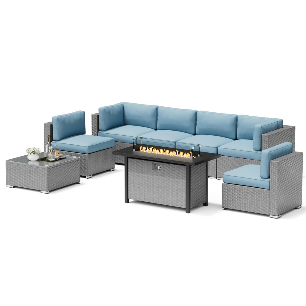 8 Piece Grey PE Wicker Patio Sectional Sofa Set with Fire Pit Table H25597