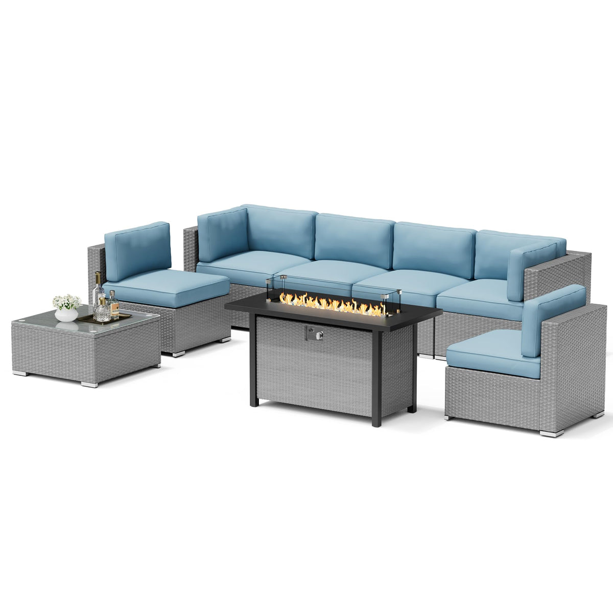 8 Piece Grey PE Wicker Patio Sectional Sofa Set with Fire Pit Table H25597