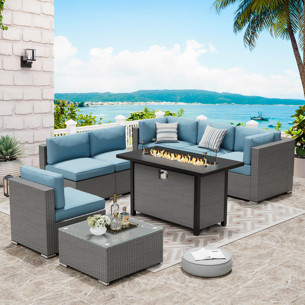 8 Piece Grey PE Wicker Patio Sectional Sofa Set with Fire Pit Table H25597