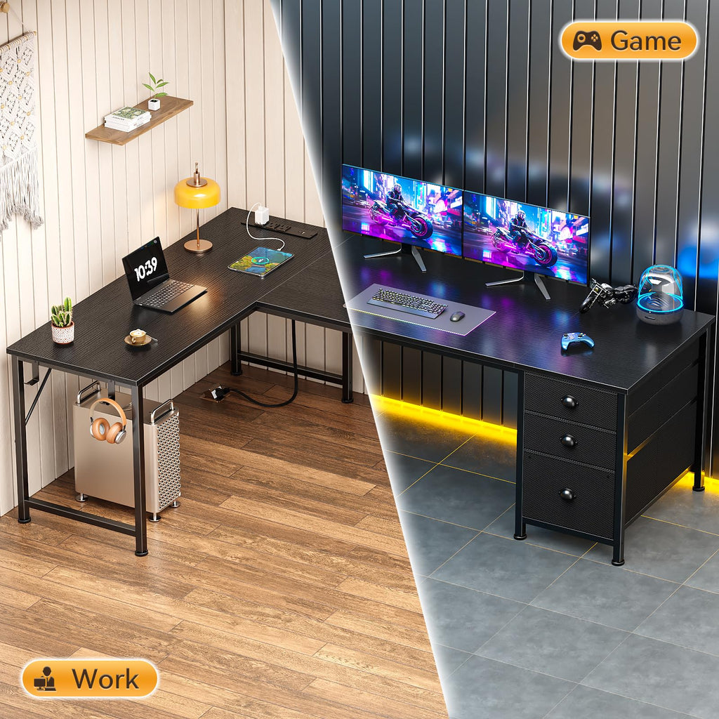 63" L Shaped Computer Desk with Outlets Black E1920