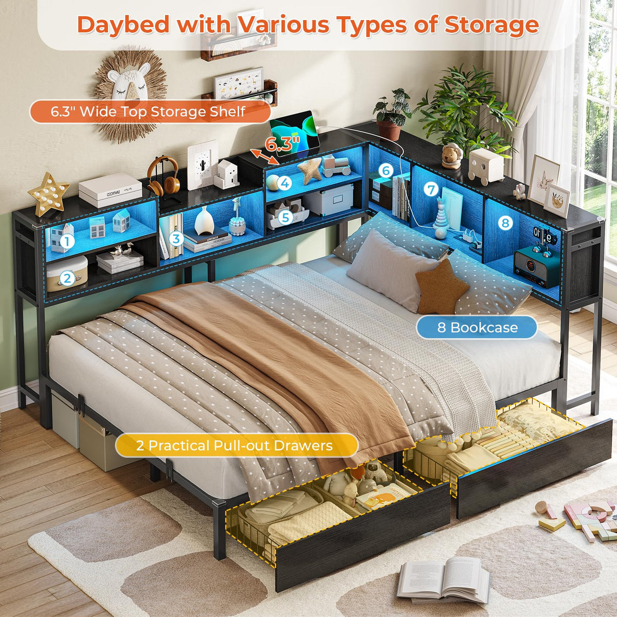 Full Corner Bed Frame with Storage Bookcase and 2 Drawers, Black B466454