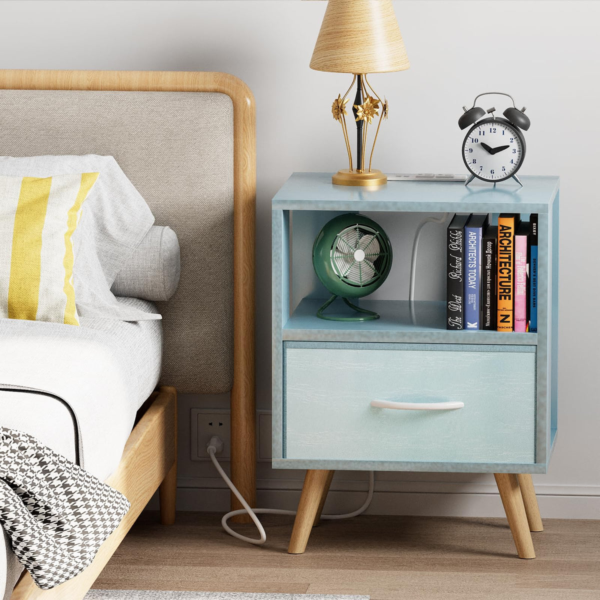 Blue Nightstand with Charging Station, 2-Tier Wooden Bedside Table O940518