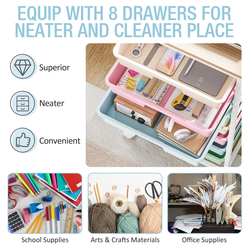 Rolling Storage Cart with 8 Drawers and Wooden Tabletop U403