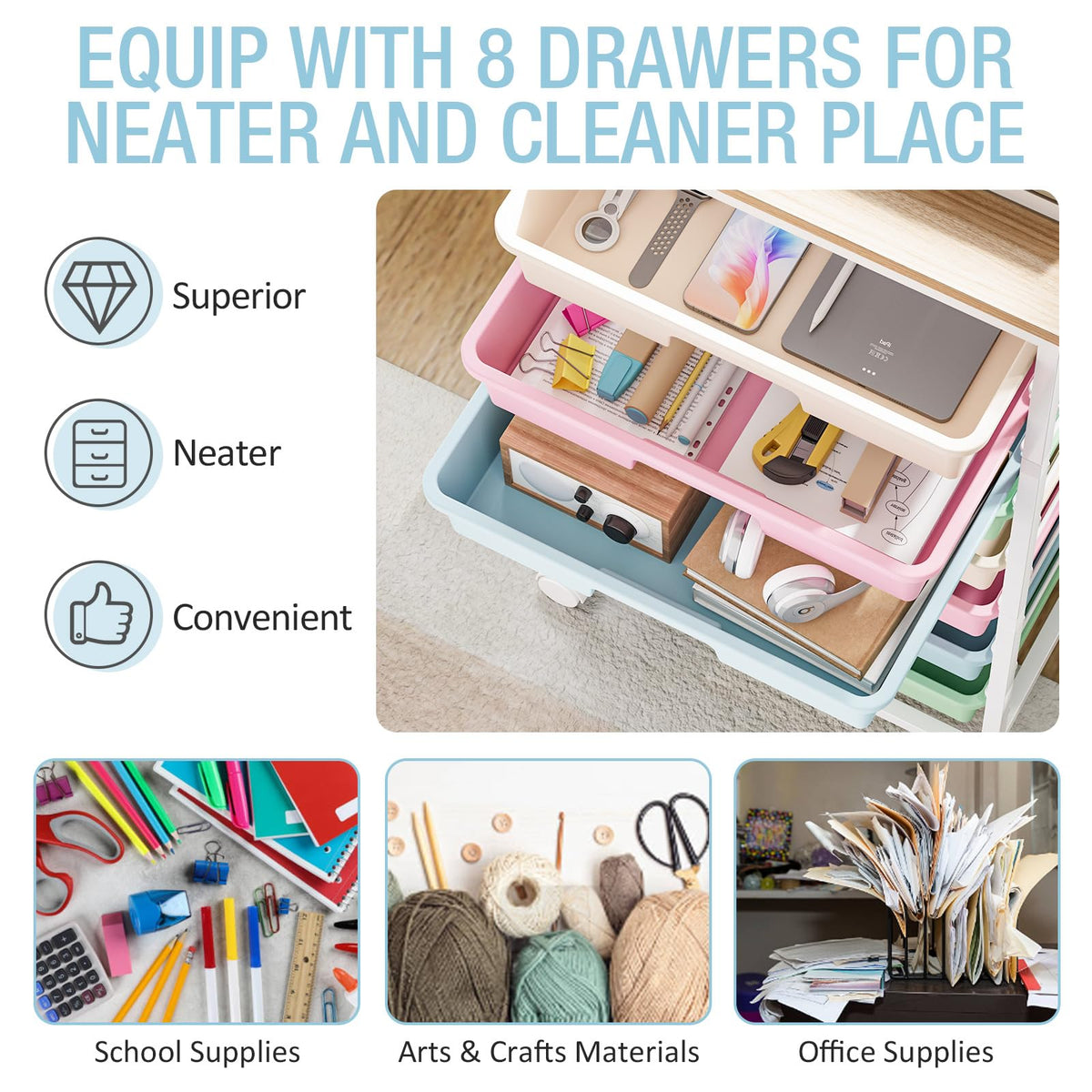 Rolling Storage Cart with 8 Drawers and Wooden Tabletop U403