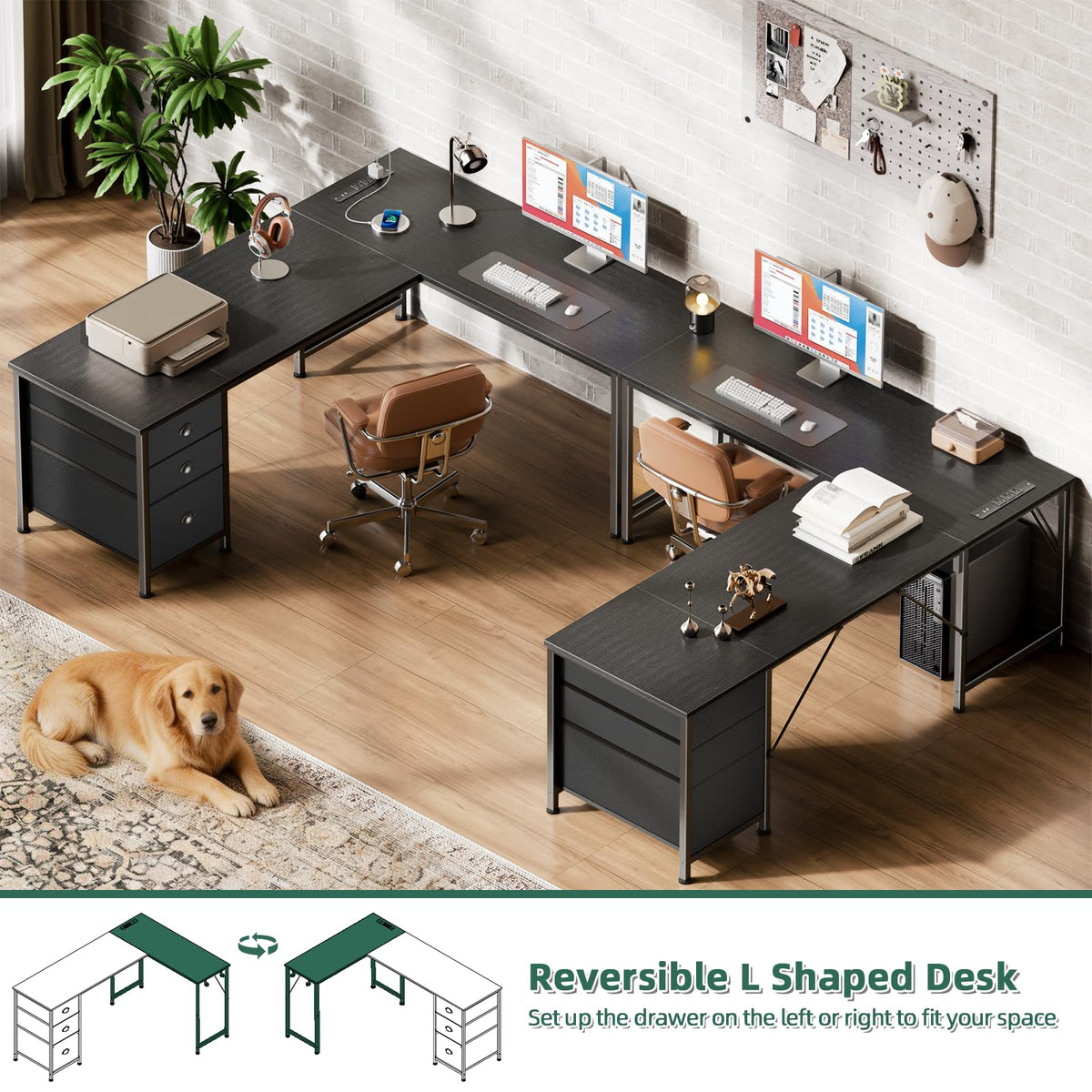63" L Shaped Computer Desk with Outlets Black E1920