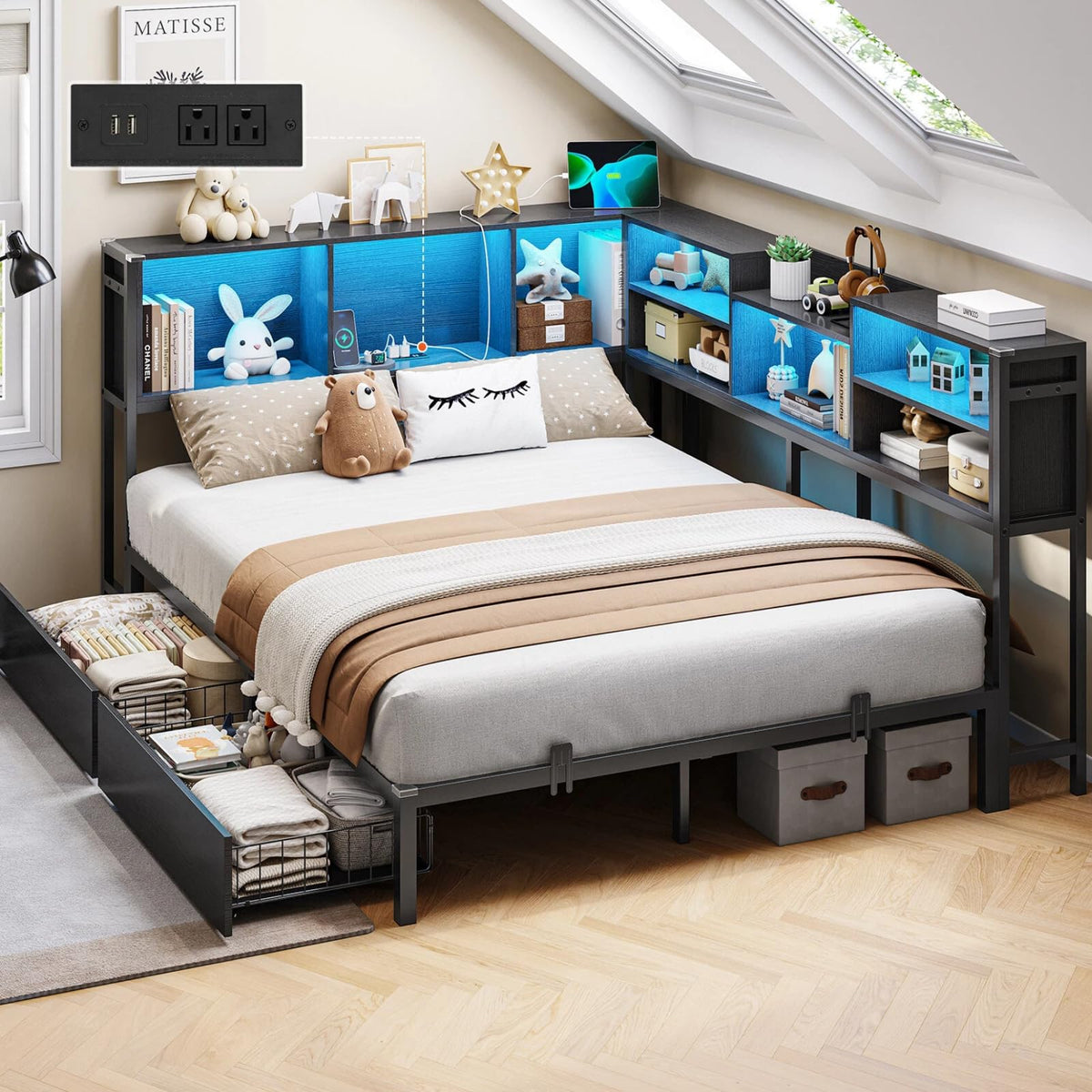 Full Corner Bed Frame with Storage Bookcase and 2 Drawers, Black B466454