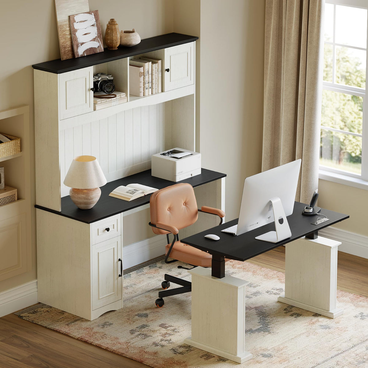L Shaped Electric Standing Desk with Hutch and Drawers L6768