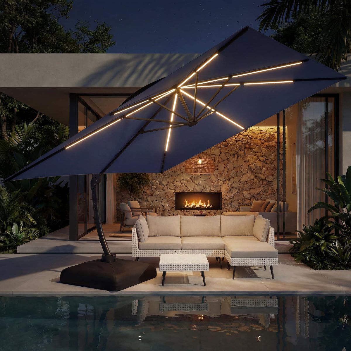 11x11ft Solar Powered Led Cantilever Umbrella with Base J9512