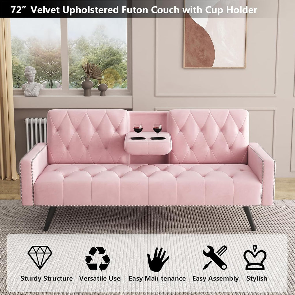 Pink Velvet Futon Couch Bed with Cup Holder T7158
