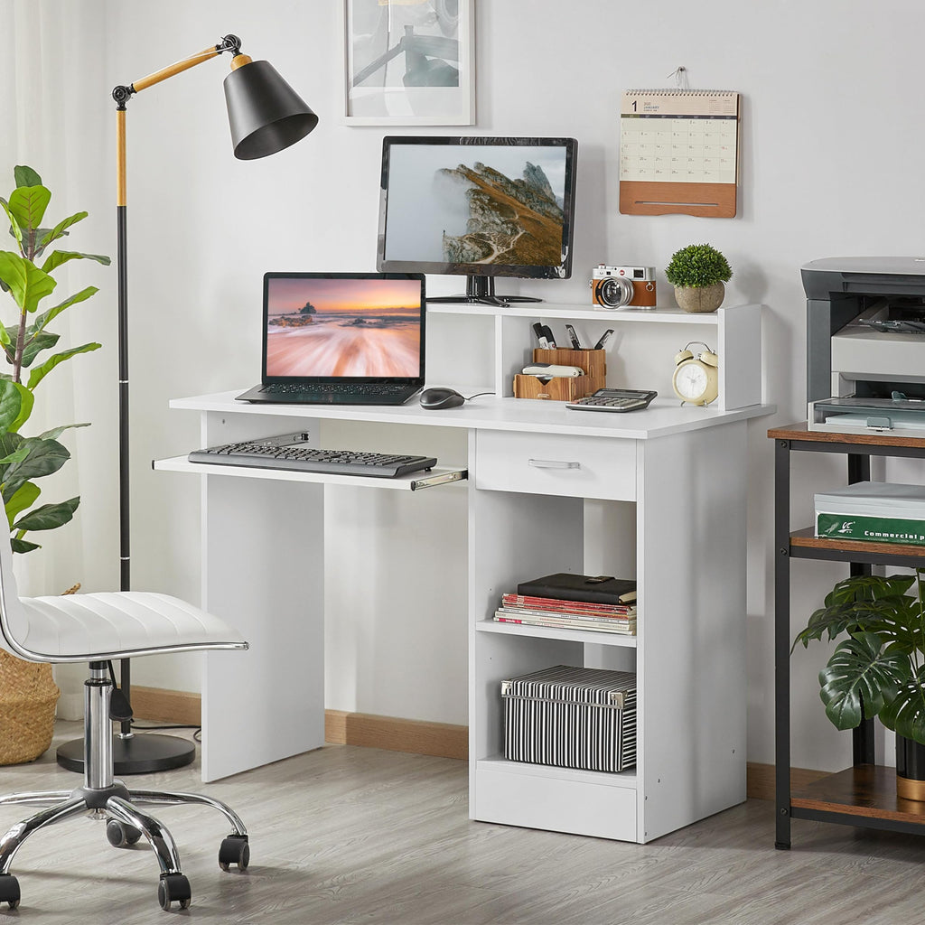 White Computer Desk with Keyboard Tray, Drawers, and Shelves W50329