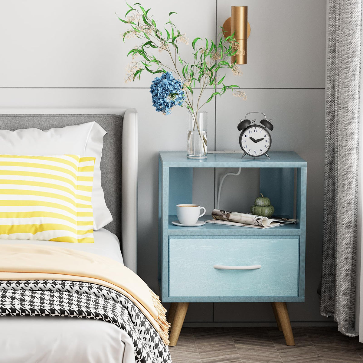 Blue Nightstand with Charging Station, 2-Tier Wooden Bedside Table O940518